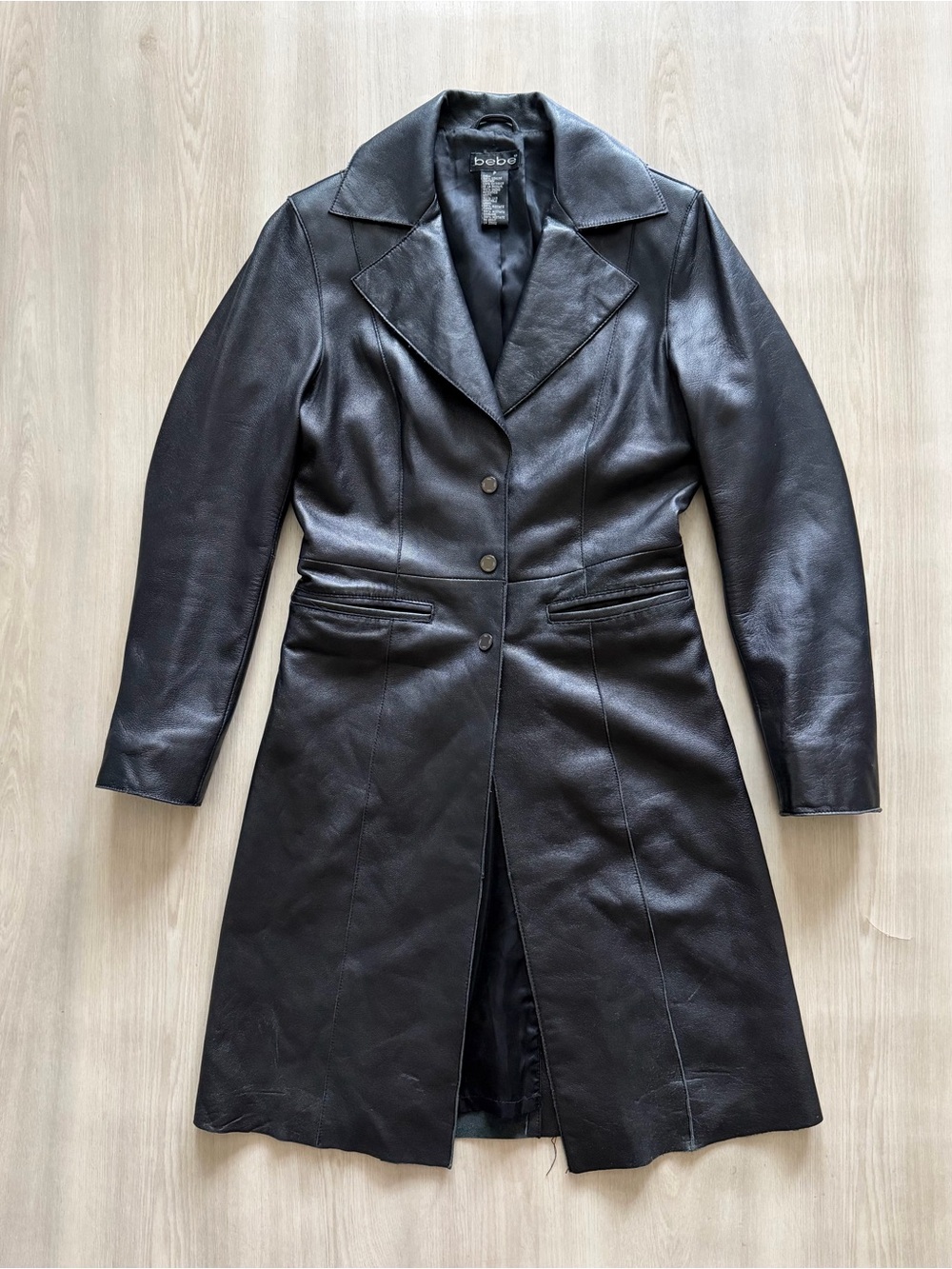 Vintage Bebe Genuine Leather Sleek Black Trench Coat Sz P